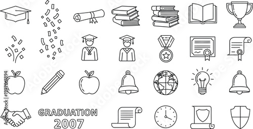 Set of black line icons representing academic graduation and student achievement concepts for modern educational projects and creative digital designs