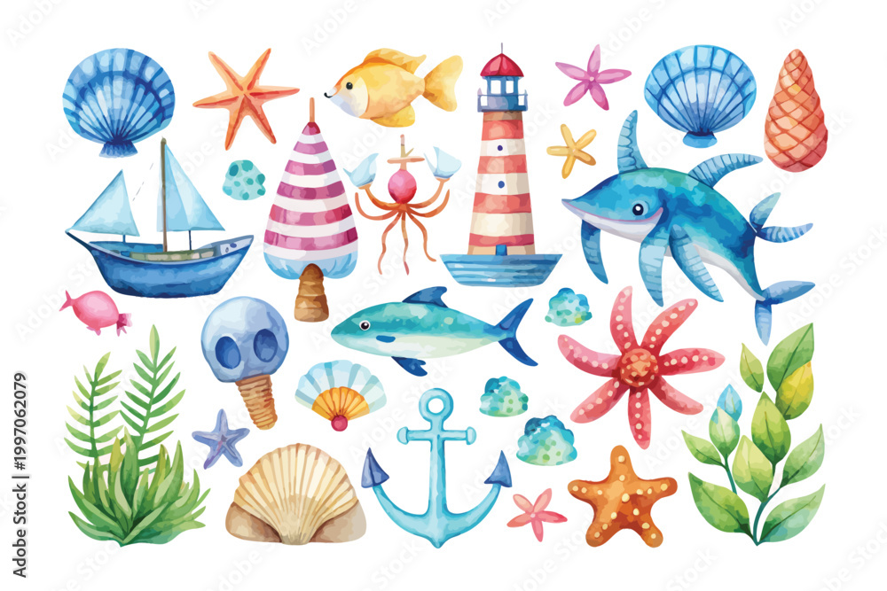 Naklejka premium Watercolor Ocean Theme Icon Set, Marine Summer Clipart Collection, vector illustration Isolated on White background