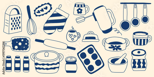 Hand-drawn kitchen utensils set. Simple clip art of dishes, cutlery, spice jars, and kitchen tools in blue doodle sketch style. Vector elements
