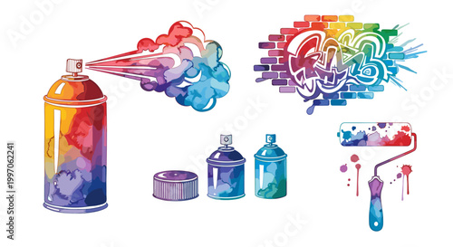 Colorful graffiti art supplies including spray cans, roller, and brick wall