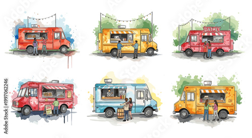 Collection of diverse food trucks serving customers in a vibrant watercolor style