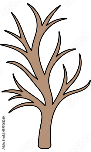 Tree. Curved brown branches without leaves. Color vector illustration. Isolated on white background. Gnarled tree trunk.  Idea for web design.