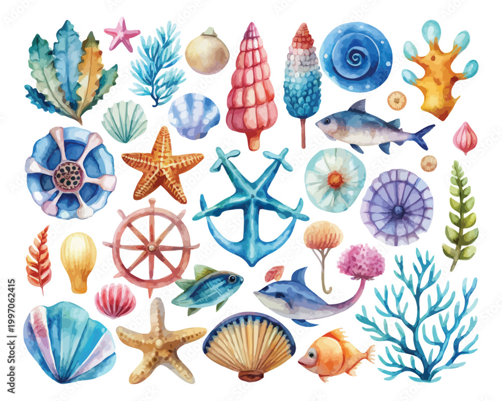 Fototapeta premium Watercolor Ocean Theme Icon Set, Marine Summer Clipart Collection, Isolated on White background