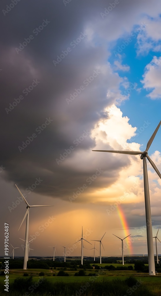 Obraz premium Wind turbines with rainbow.