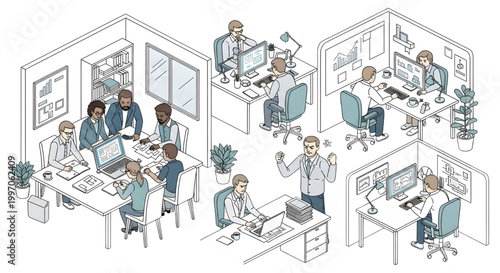 AutoCAD Workplace Office Lifestyle Vector Set – Teamwork Meetings Stress Boring Work Emotions Cyan Outline Blueprint