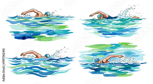 Four swimmers in a stylized aquatic environment, showcasing different strokes