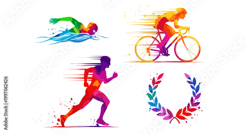 Colorful abstract sports icons: swimming, cycling, running, and laurel wreath