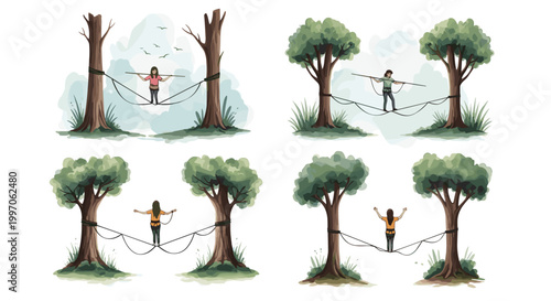 People balancing on slacklines strung between trees in a forest setting