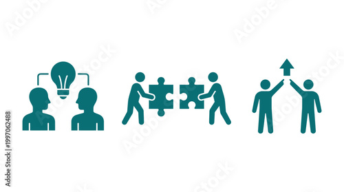 Conceptual Icons of People Brainstorming, Collaborating, and Achieving Growth on Isolated White Background