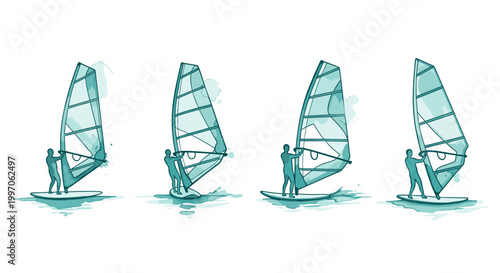 Four stylized windsurfers in a row, enjoying a water sport with sails
