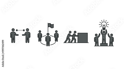 Group of Business People Brainstorming with an Idea Lightbulb and Moving Blocks Towards a Goal Flag on Isolated White Background