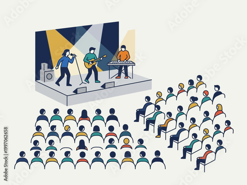Flat vector illustration of a music band performing on stage for a seated audience