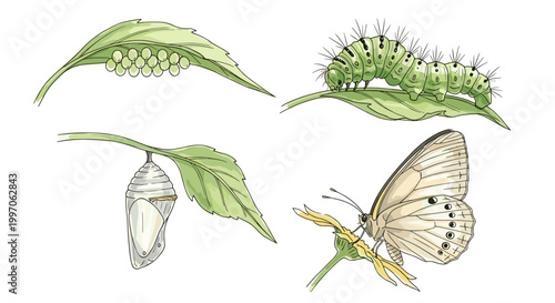 Illustration of butterfly life cycle stages: eggs, caterpillar, chrysalis, and adult butterfly
