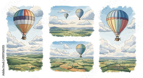 Colorful hot air balloons float over scenic countryside landscapes under a cloudy sky
