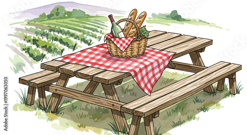 Enjoying a delightful picnic with wine and baguettes amidst vineyard scenery