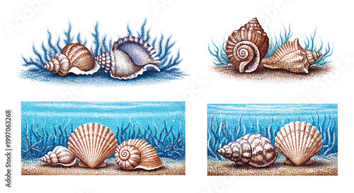 Collection of diverse seashells resting on sandy seabed with aquatic plants