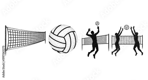 Volleyball game elements including net, ball, and players in action