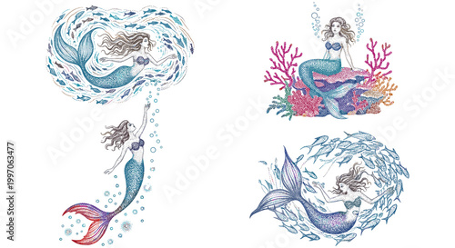 Whimsical mermaids swim with schools of fish and colorful coral reefs