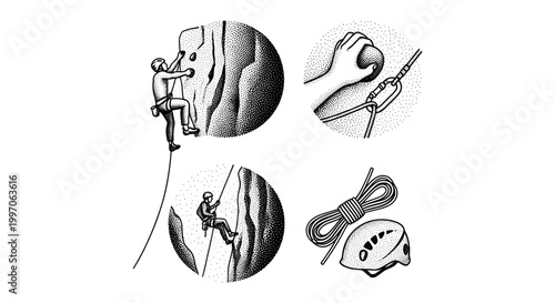 Rock climbing illustrations showing ascent, descent, gear, and safety equipment