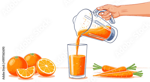 Pouring fresh orange and carrot juice from a blender into a glass