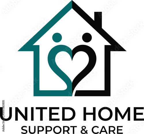 House with heart and people silhouettes, real estate and community service icon vector.