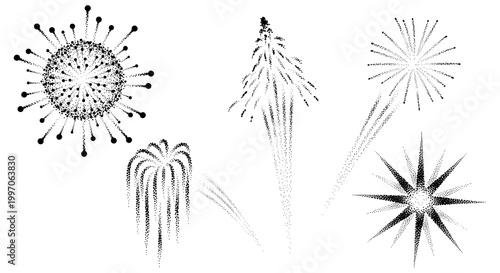 Collection of abstract dot art fireworks and explosions on a white background