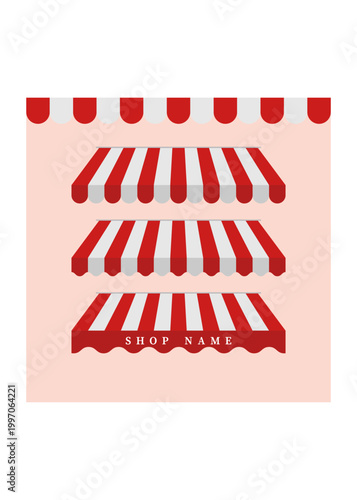 Set of striped awnings for storefronts featuring a classic red and white pattern with scallop edges and customizable front valance space.