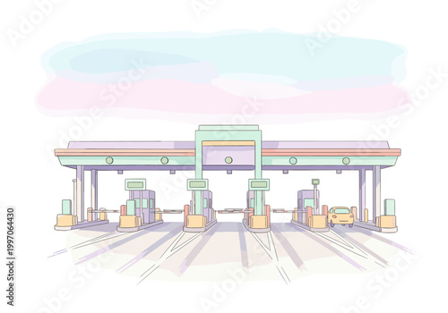 Cartoon toll booth plaza with a car passing through on a sunny day