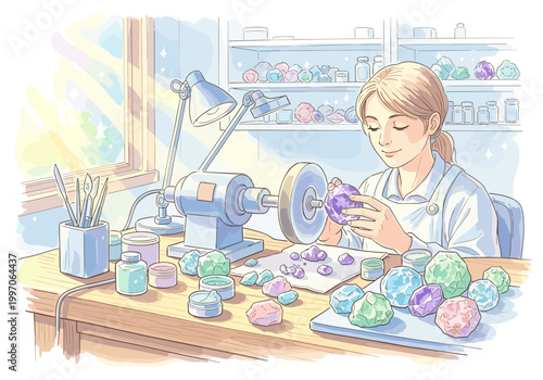 Woman polishing a faceted gemstone with a polishing machine in a bright workshop
