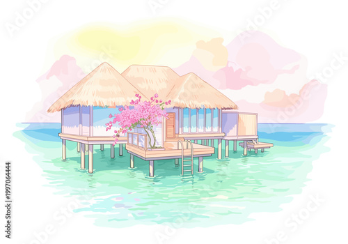 Tropical overwater bungalows with thatched roofs and blooming trees in turquoise waters