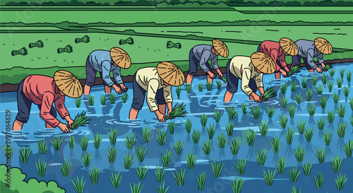 Flat Vector Illustration Of Asian Farmers Planting Rice Seedlings In A Paddy Field For Traditional Agriculture And Manual Labor Concept,