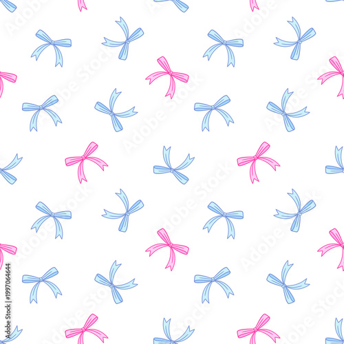 Bows coquette seamless pattern, white background. Cute pink and blue tied ribbons in handdrawn style. Drawing illustration. Ideal for baby shower decorations, Valentine's Day designs, and trendy print
