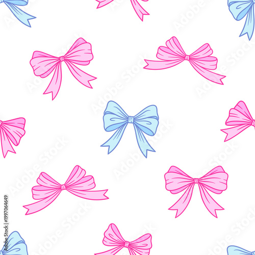 Bows coquette seamless pattern, white background. Charming pink and blue tied ribbons illustration. Perfect for fashion textiles, baby shower decorations, birthday gifts, or trendy prints.