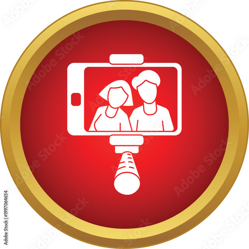 Two people posing for a selfie using a mobile phone mounted on a monopod