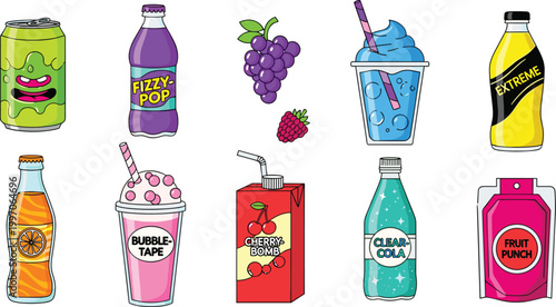 Colorful Soda and Juice Vector Set Featuring Fizzy Pop, Fruit Punch, Bubble Tape, and Cool Beverages for Fun and Refreshing Drink Illustrations