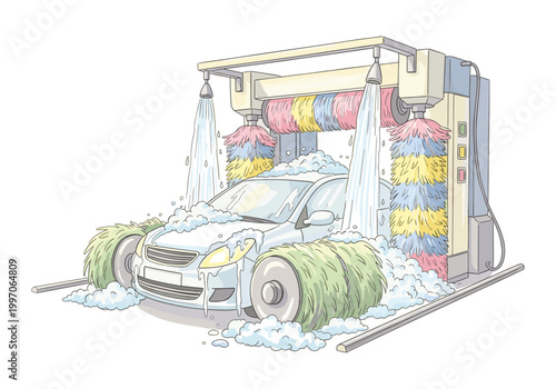 Automatic car wash with colorful brushes and soap suds cleaning a white vehicle