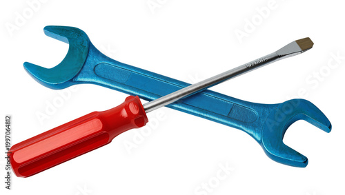 Photos Blue wrench and red screwdriver crossed over each other