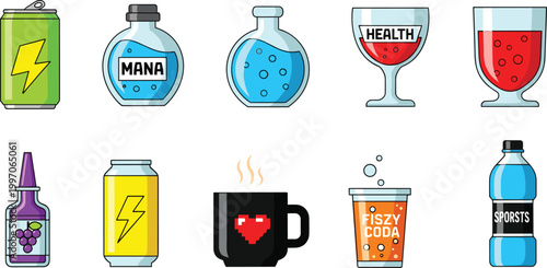 Energy Drink and Potion Vector Set Featuring Mana, Health Elixirs, Energy Shots, and Fizzy Drinks for Gamer and Wellness Beverage Illustrations
