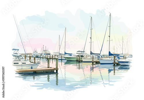 Serene harbor scene with sailboats docked along a wooden pier under a pastel sky
