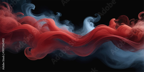 Abstract red and blue smoke waves flowing on black background with smooth curved motion energy art wallpaper design