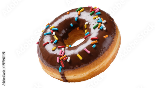Chocolate frosted donut sprinkled with colorful sprinkles