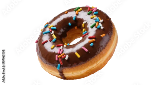 Obraz  z motywem Chocolate frosted donut sprinkled with colorful sprinkles