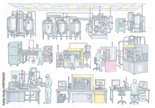 Modern pharmaceutical manufacturing facility with scientists working on advanced production lines