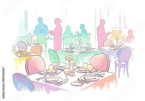 Elegant restaurant interior with guests and staff enjoying a fine dining experience
