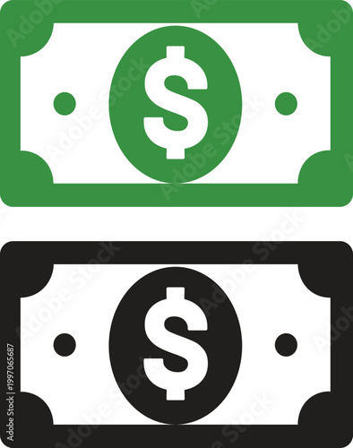 Dollar bill icon set green and black versions