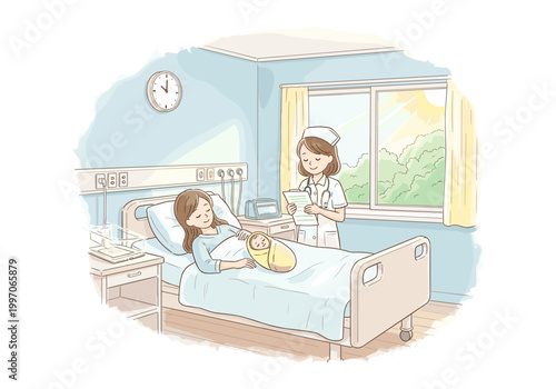 Mother and newborn baby resting in hospital bed with nurse nearby