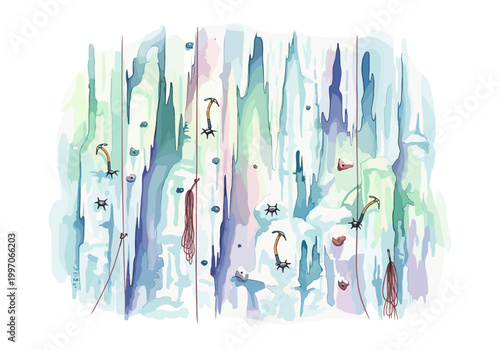 Ice climbing wall with ropes and ice axes, a winter adventure scene