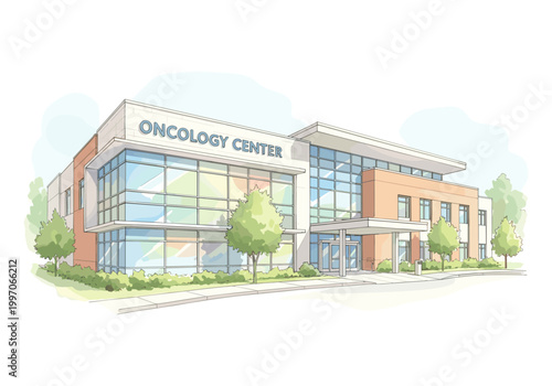 Modern oncology center building with large glass windows and welcoming entrance