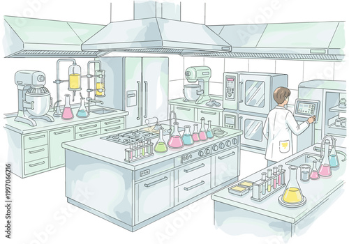Modern laboratory kitchen with scientific equipment and colorful liquids in beakers
