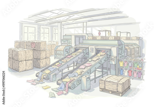 Automated textile factory with conveyor belts processing fabric bales